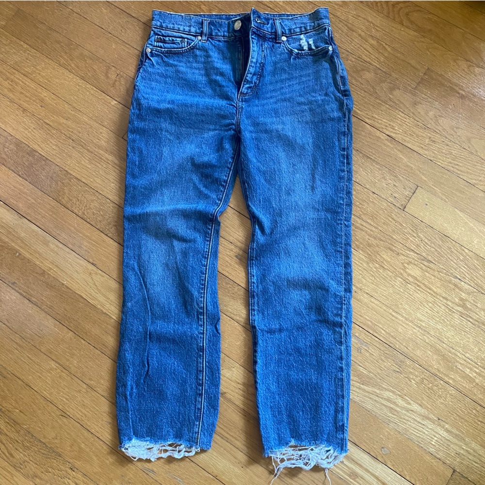 Loft Petite Distressed Hem High Rise Straight Crop Jeans